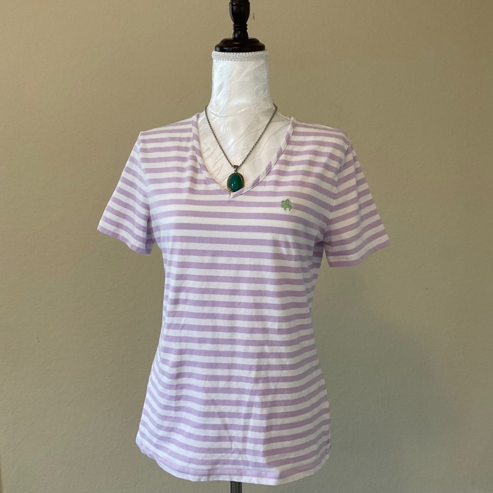 Brooks Brothers Womens V Neck T Shirt White Purple Striped Medium Cotton Tee - Picture 1 of 6